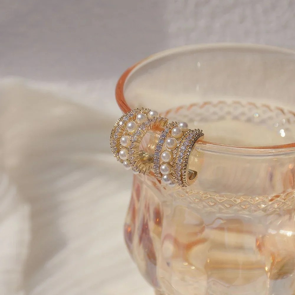 NEW 14K Gold Plated Diamond Pearl Open Hoops - Picture 4 of 8